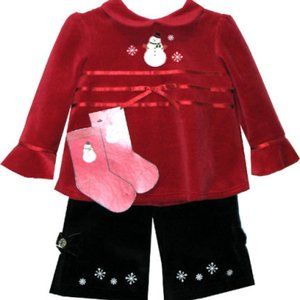 B.T. Kids Girl's Red Velvet Snowman Pant Set